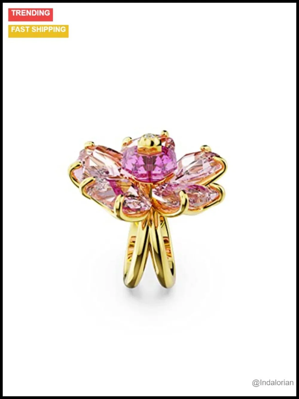 Swarovski Crystal Flower Cocktail Ring Gold-Tone Double Band